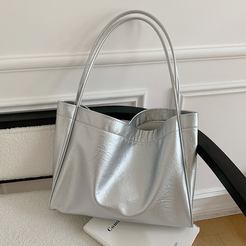 Luxury Bags Vendor - カジュアル大容量トートバッグ通勤デザイナー女性ショルダーバッグ高級ソフト Pu レザー女性財布とハンドバッグビッグシルバー