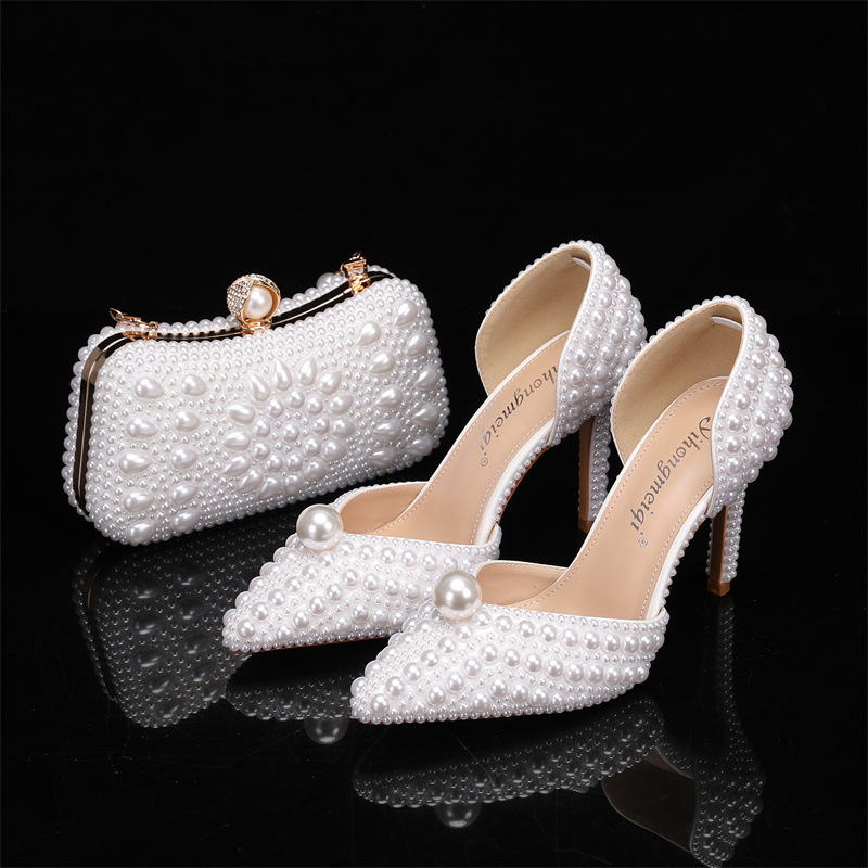 Luxury Bags And Shoes - 女性用バッグと靴のセット パールウェディングシューズ ホワイトベージュ ハイヒール エレガントラグジュアリーデザイナーパーティーシューズ 2025