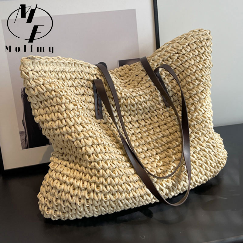Luxury Bags Vendor - 女性のための大きな編まれたストローバッグ,ビーチバッグ,大容量,カジュアル,シンプル,夏
