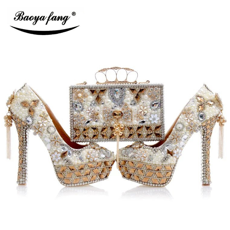 Luxury Bags And Shoes - 高級クリスタルの結婚式の靴とマッチングバッグ女性のファッションハイヒールの女性パーティードレスシューズラウンドトゥプラットフォームシューズ