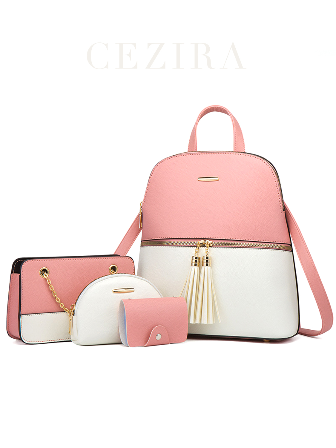 Luxury Bags Vegan - 女性用PUビーガンレザーバックパック,デラックスタッセル,対照的な色,小さなチェーン財布,カードホルダー,ファッションデザインバッグセット,4個