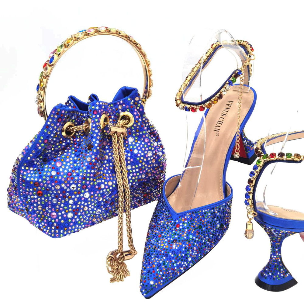 Luxury Bags And Shoes - 女性の先のとがった靴とバッグのセット,パーティー用の青いダイヤモンドの装飾,豪華なイタリアのデザイン,2024